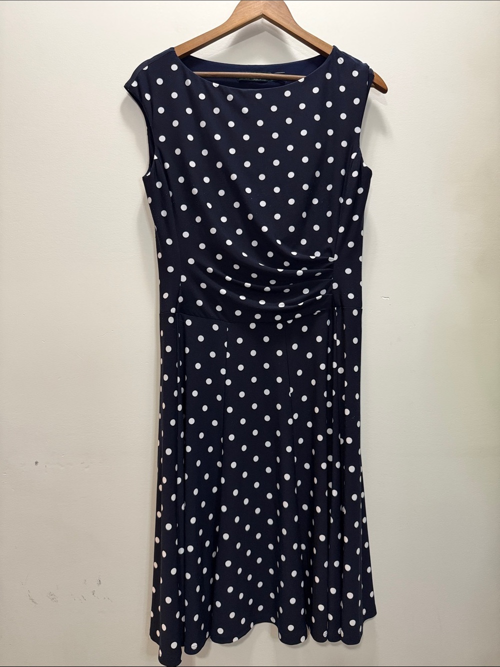 Lauren Ralph Lauren Navy Polka Dot Midi Dress with Ruched Waist Size 10